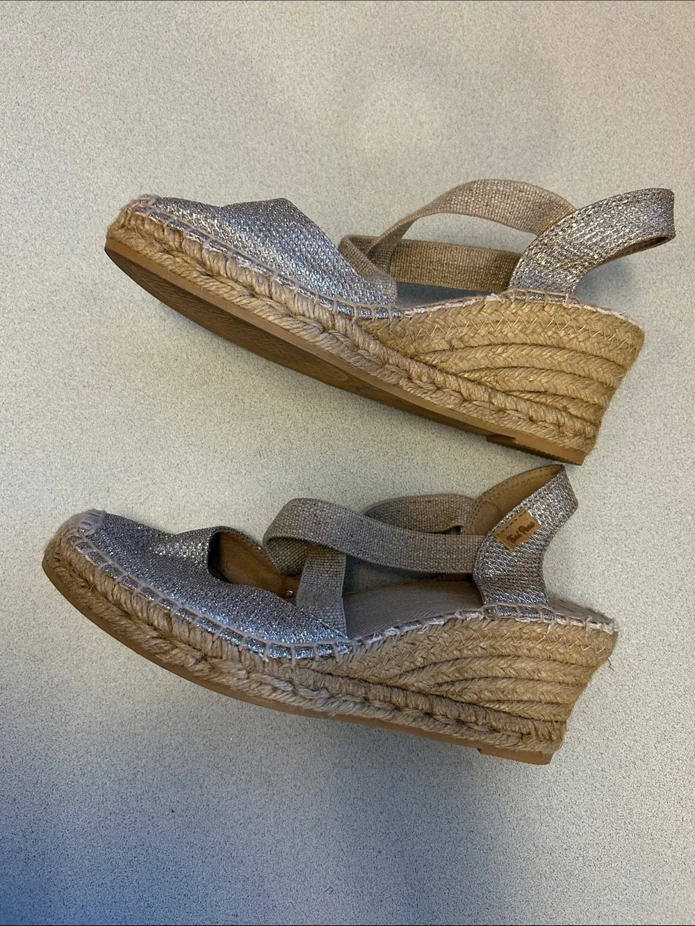 Toni Pons Woven Espadrille Wedge Slingback in Silver and Tan Size 39